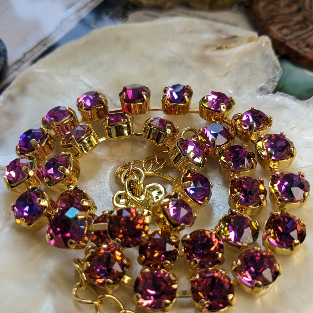 Fuschia & Violet Volcanic AB Crystals In Classic Tennis Gold Plated Necklace